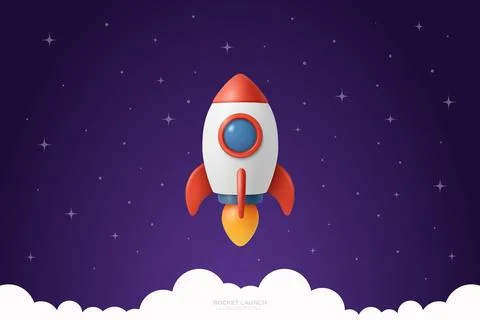 Vector Rocket Launch in Night Sky. Cartoon Rocket with Flame Above Clouds and Illustrazione stock