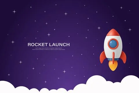Vector Rocket Launch in Night Sky. Cartoon Rocket with Flame Above Clouds and Stockillustratie