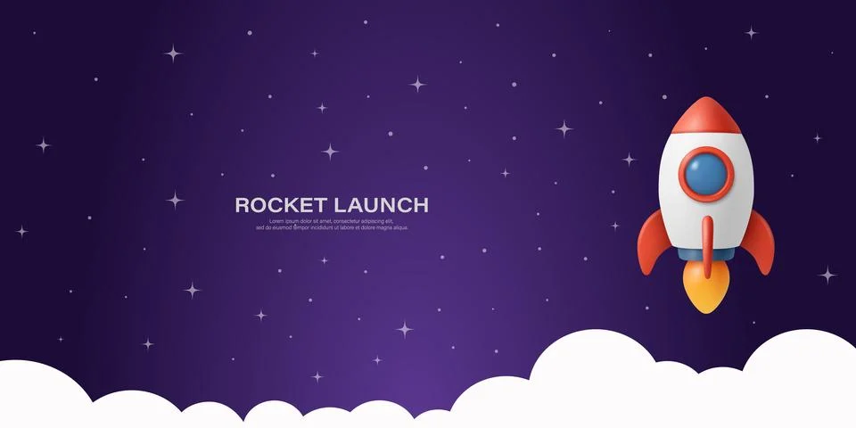 Vector Rocket Launch in Night Sky. Cartoon Rocket with Flame Above Clouds and Illustrazione stock