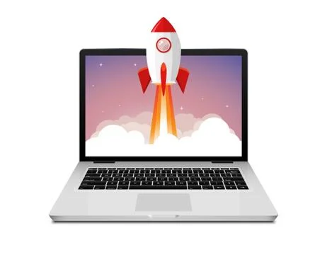 Vector rocket launch website computer concept illustration. Business start Stock Illustration