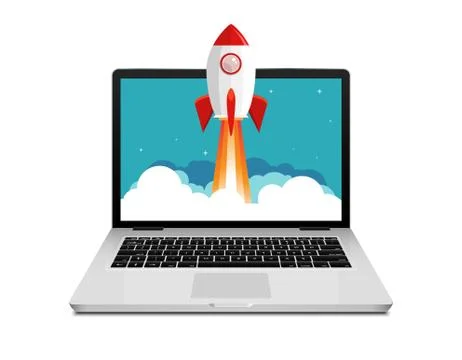 Vector rocket launch website computer concept illustration. Business start Stock Illustration