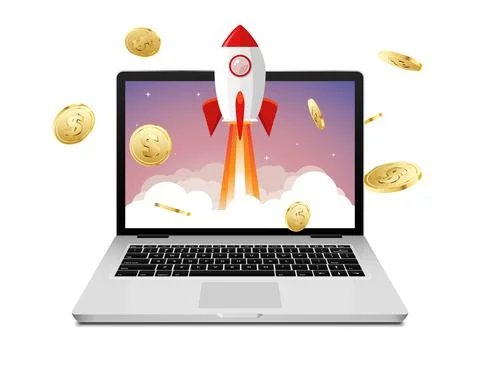 Vector rocket launch website computer concept illustration. Business start Stock Illustration