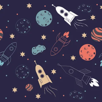 Vector of rocket ships, planets and stars in space, on black background Illustrazione stock