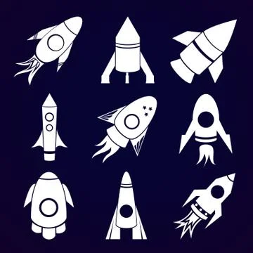 Vector rockets icons set on space background Stock Illustration