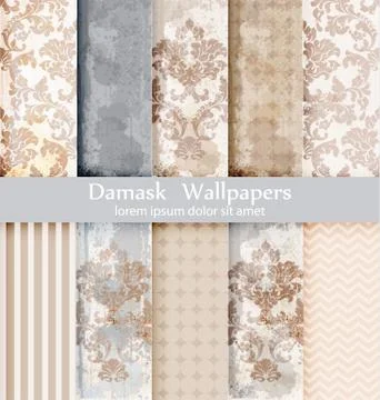 Vector rococo pattern textures set. Damask ornament grunge backgrounds. Vinta Stock Illustration