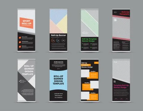 Vector roll up banner template with colored geometric elements on black backg Stock Illustration