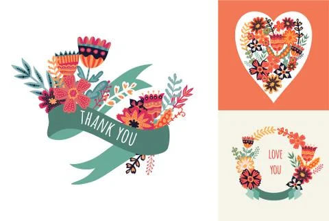 Vector romantic collection with label, ribbon, heart, flowers, wreath, laurel Stock Illustration