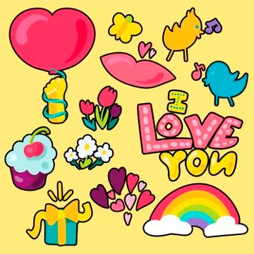Vector Romantic Love Patches Set in doodle style with shape Stock Illustration