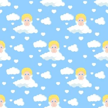 Vector romantic seamless pattern with cute cupid dreaming on white cloud. Stock Illustration
