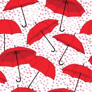 Vector romantic seamless pattern with umbrellas and rain of hearts Stock Illustration