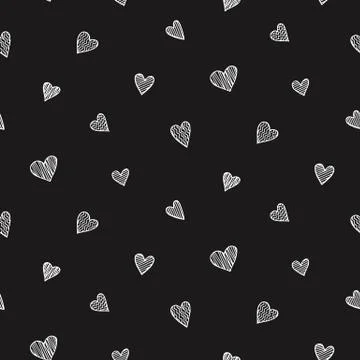 Vector romantic seamless pattern with white hearts on black background Stock Illustration