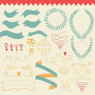Vector  romantic set with labels, ribbons, hearts, flowers,bows , wreaths, la Illustrazione stock