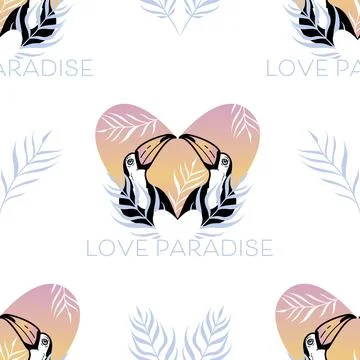 Vector Romantic Toucans with Warm Sunset Heart seamless pattern background Stock Illustration