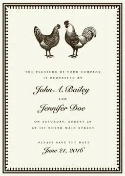 Vector rooster and hen wedding invite template Иллюстрация