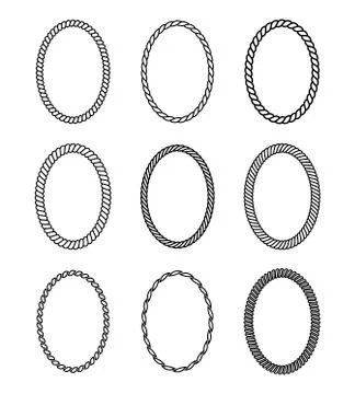 Vector rope set of oval frames. Collection of thick and thin borders isolated Illustrazione stock