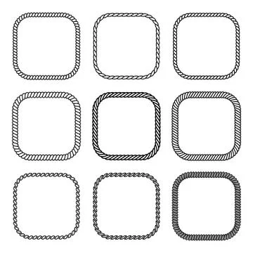 Vector rope set of square frames. Collection of thick and thin borders Stock Illustration