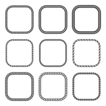 Vector rope set of square frames. Collection of thick and thin borders Illustrazione stock