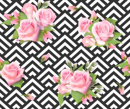 Vector rose flowers seamless pattern. Hand painted illustration on black white Stock Illustration