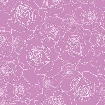Vector roses outline on purple background seamless pattern Stock Illustration