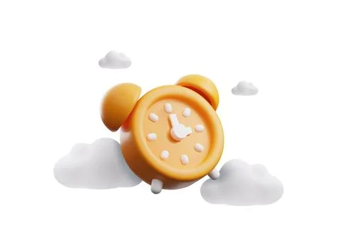Vector round 3D alarm clock in orange color in the clouds on a white background Stock Illustration