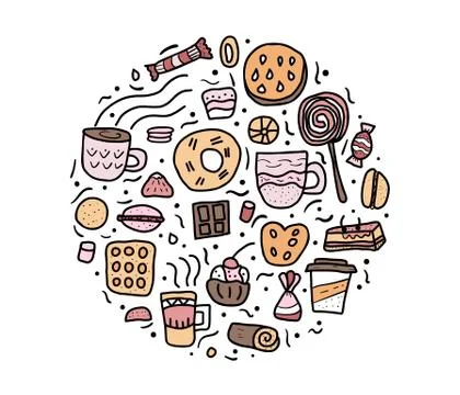 Vector round badge of desserts. Sweets cakes, donuts, candy and others snacks Stock Illustration