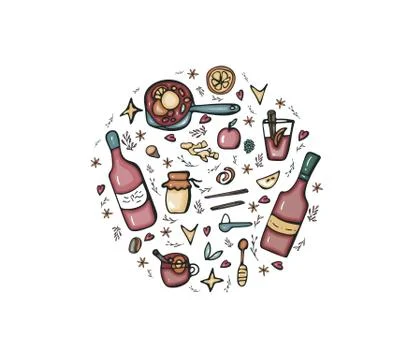 Vector round badge of mulled wine elements and objects. Composition of bevera Stock Illustration
