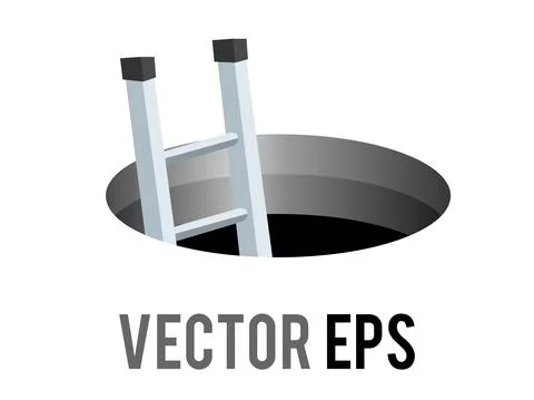 Vector round black cartoon styled hole, manhole icon with silver metal stairs Illustrazione stock