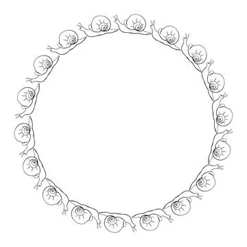 Vector round border, frame of outline cute snails in doodle style. Simple bac Stock Illustration