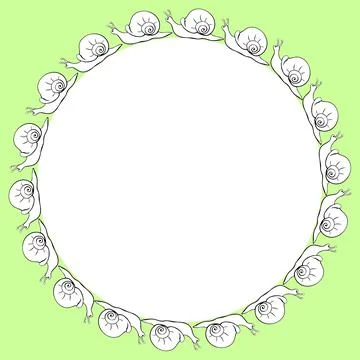 Vector round border, frame of outline cute snails in doodle style. Simple bac Stock Illustration