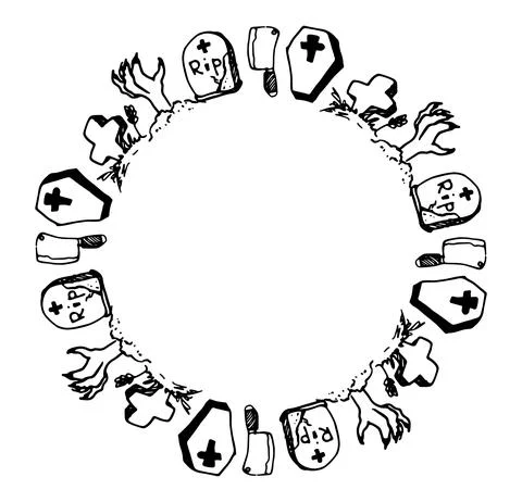 Vector round border for Halloween. Frame of doodle-style elements, zombie hand Stock Illustration