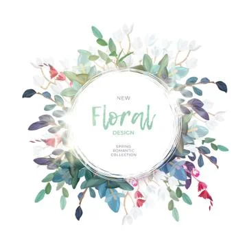 Vector round botanical frame with pale pink roses, green leaves and plants 库存插图