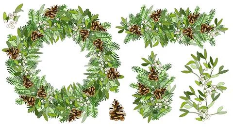 Vector Round Christmas wreath with mistletoe, fir cone, spruce branches isola Stock Illustration