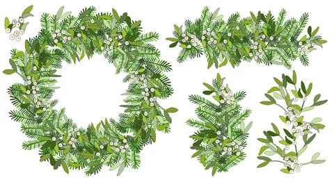 Vector Round Christmas wreath with mistletoe, spruce branches isolated on whi Stock Illustration