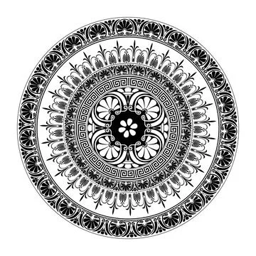  Vector round classic frame plate with pattern in center with Greek key, meander Stock Illustration