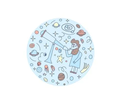 Vector round design of astronomer and astronomic objects. 库存插图
