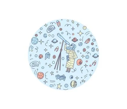 Vector round design composition of astronomer and astronomic objects. Illustrazione stock
