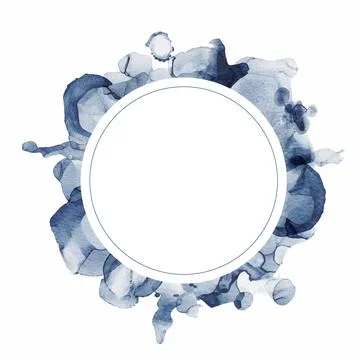 Vector round frame with abstract blue watercolor stains on white background.. Stock Illustration