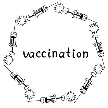 Vector round frame and lettering vaccination. Contour molecules, coronavirus  Stock Illustration
