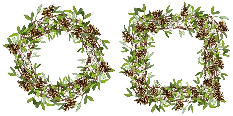 Vector round frame and seamless border with mistletoe, cones, sugar cane isol Stock Illustration