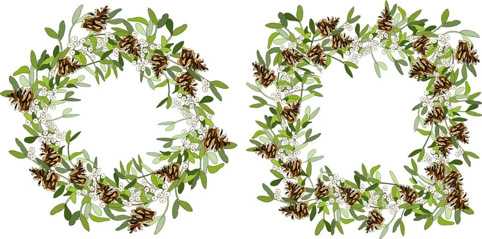 Vector round frame and seamless border with mistletoe Stock Illustration