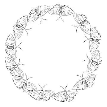 Vector round frame, border from contoured cute butterflys in Doodle style. Si Illustrazione stock