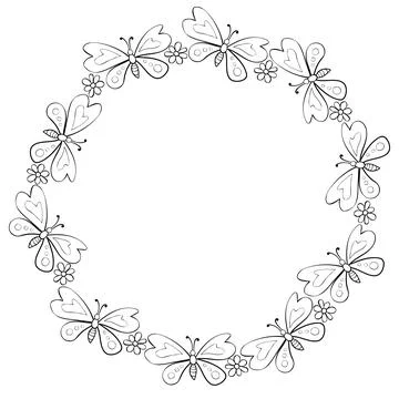 Vector round frame, border from contoured cute butterflys and flowers in Dood Stock Illustration