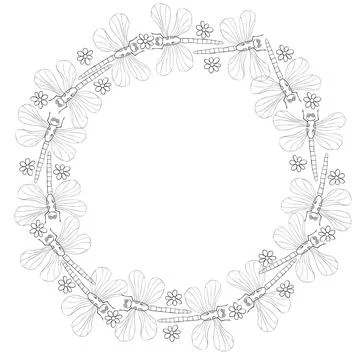 Vector round frame, border from contoured cute dragonflies and flowers in Doo Illustrazione stock