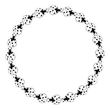 Vector round frame, border from contoured cute ladybugs in doodle style. Simp Illustrazione stock