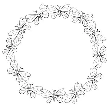 Vector round frame, border from contoured cute butterflys in Doodle style. Si Illustrazione stock
