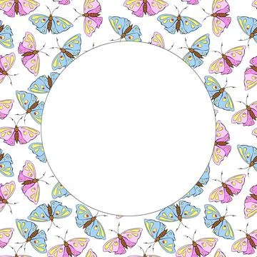 Vector round frame, border from contoured cute pink and blue butterflys in .. Illustrazione stock