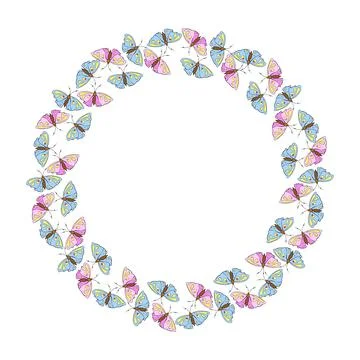 Vector round frame, border from contoured cute pink and blue butterflys in .. Illustrazione stock