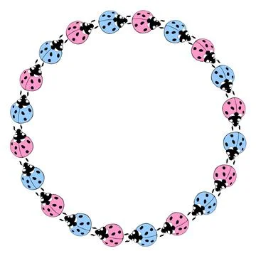 Vector round frame, border from cute blue pink ladybugs in doodle flat style. Illustrazione stock