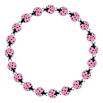 Vector round frame, border from cute pink ladybugs in doodle flat style. Simp Stock Illustration