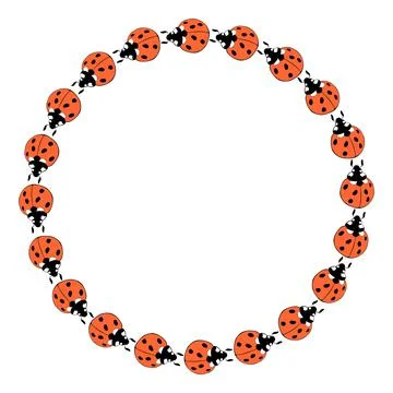 Vector round frame, border from cute red ladybugs. Simple bright background,  Stock Illustration